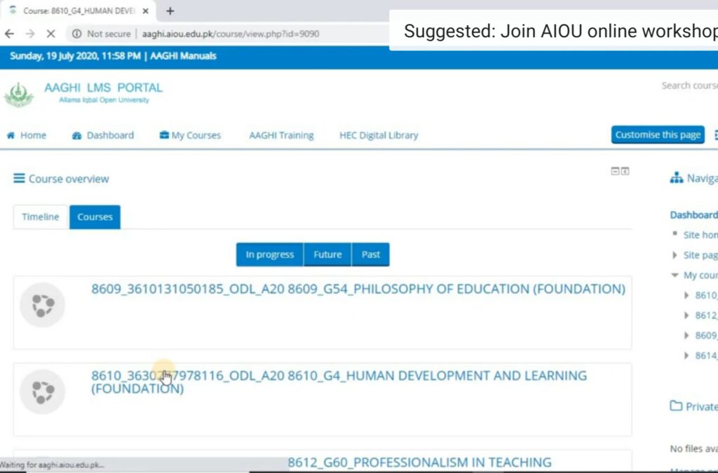 aiou aaghi lms portal couses dashboard