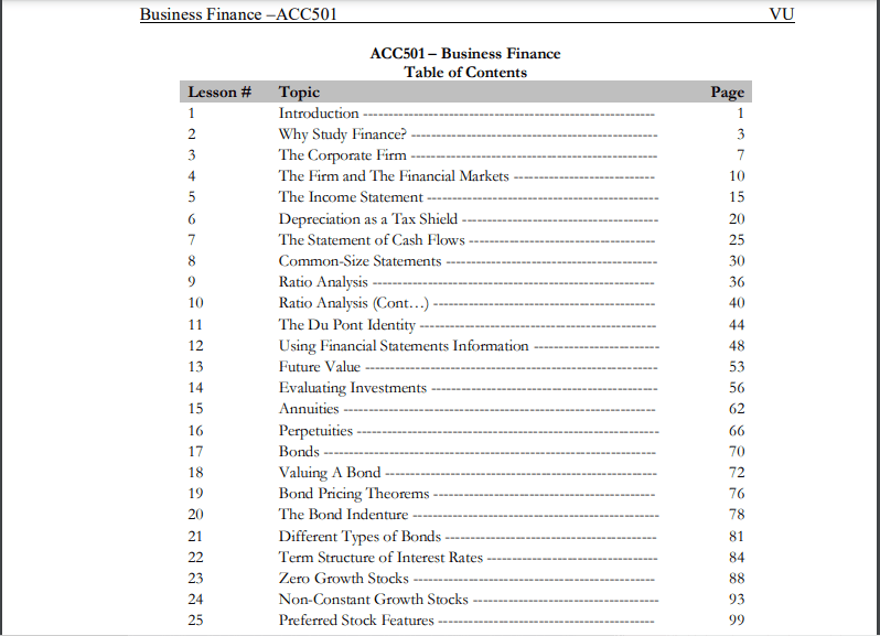 ACC501/Business Finance lesson handouts pdf