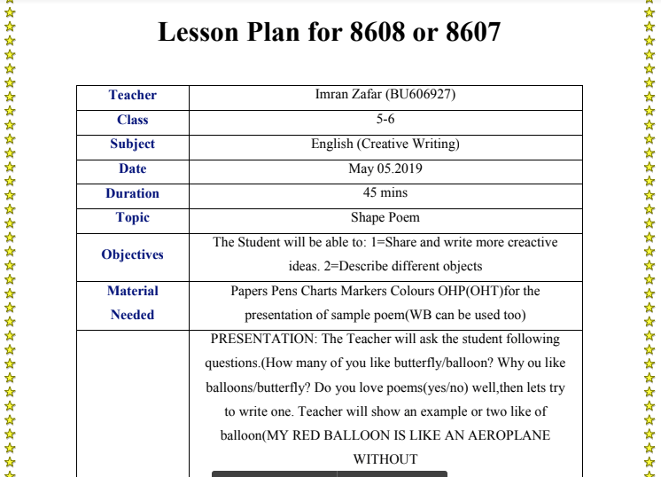 English lesson plans for B.ed/ M.ed teaching practices (8607_8608) new pattern in 2021