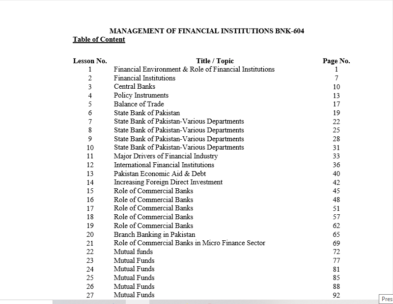 BIF604/MANAGEMENT OF FINANCIAL INSTITUTIONS BNK Handouts Pdf