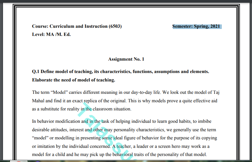 Solved Assignment 6503/Curriculum and Instruction MA /M. Ed. 2021