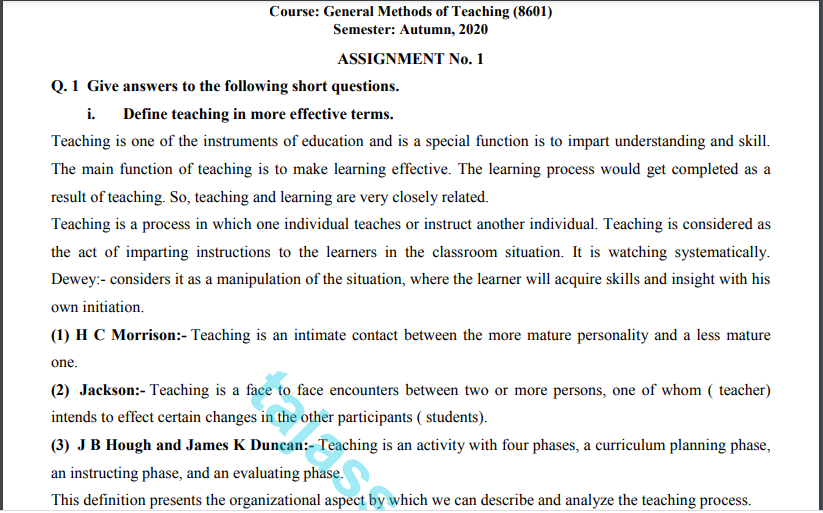 General Methods of Teaching (8601) Solved Assignment No.1 Download