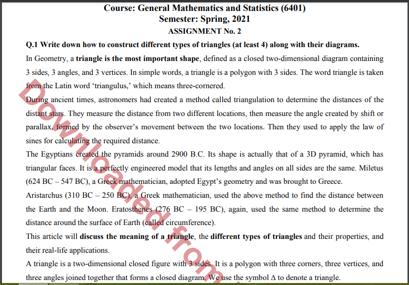 Aiou General Mathematics and Statistics (6401) ASSIGNMENT No. 2 Spring, 2021 Download free 