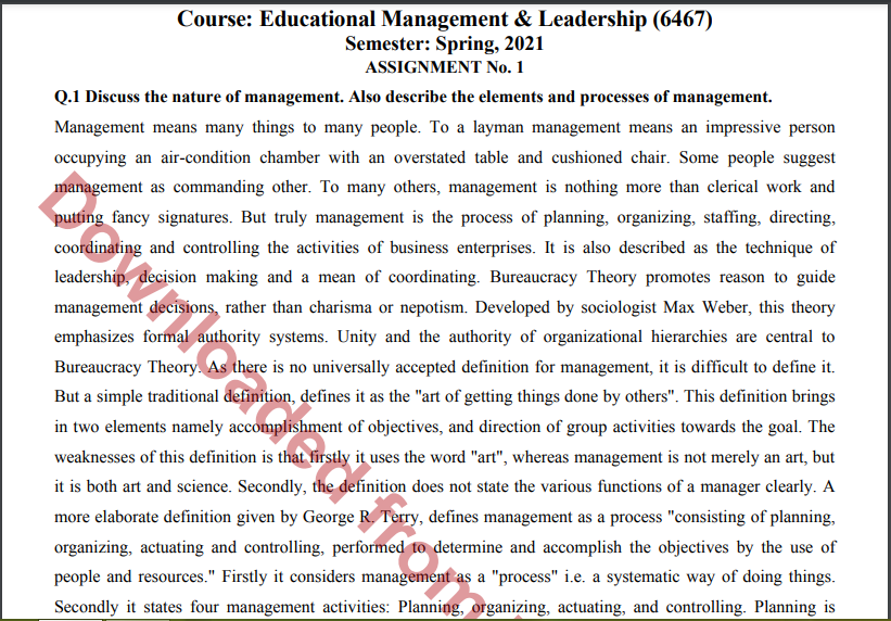 Aiou Educational Management & Leadership (6467) ASSIGNMENT No. 1 Spring, 2021 Download free 