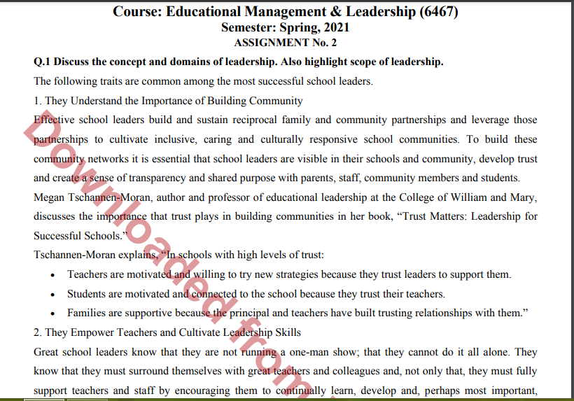 Aiou Educational Management & Leadership (6467) ASSIGNMENT No. 2 Spring, 2021 Download free 