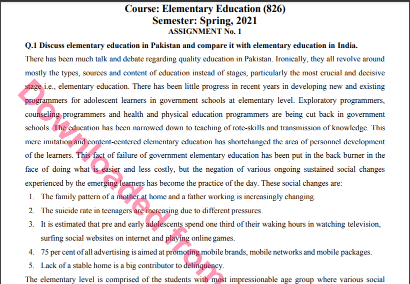 826/Elementary Education Solved Assignment No.1 Download 