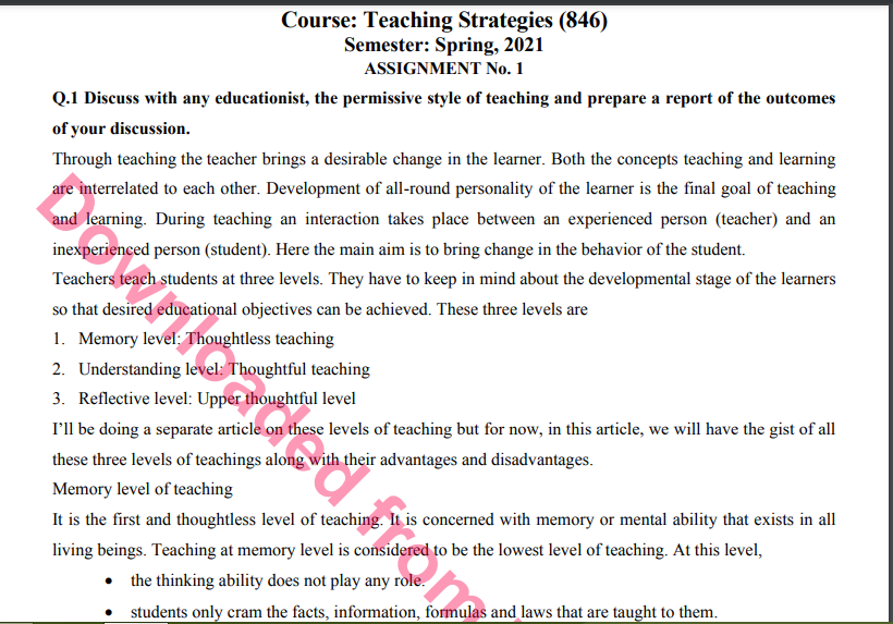 846/Teaching Strategies Solved Assignment No.1 Download 