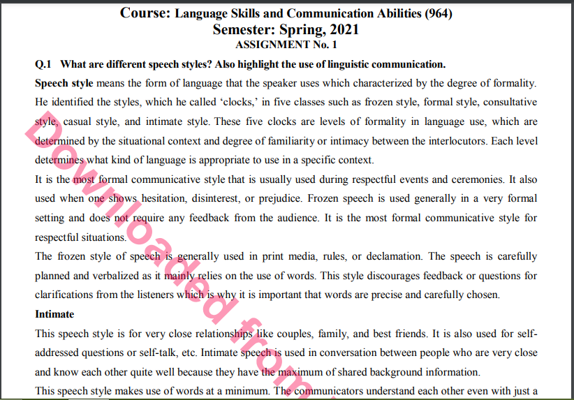 964/Language Skills and Communication Abilities Solved Assignment No.1 Download 