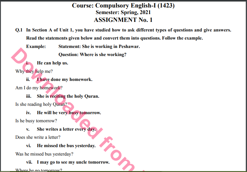 1423/ Compulsory English-I Solved Assignment No.1 Download