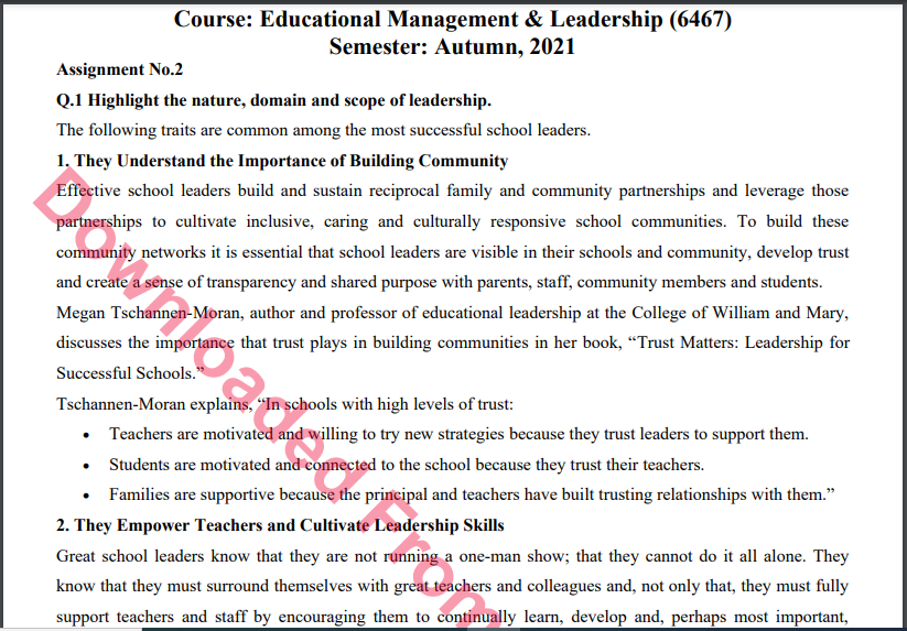 6467/Educational Management & Leadership Solved Assignment No.2 Autumn, 2021 B.ED Download