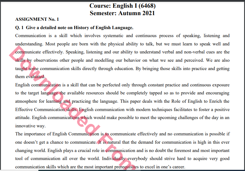 6468/ English I Solved Assignment No.1 Autumn, 2021 B.ED Download