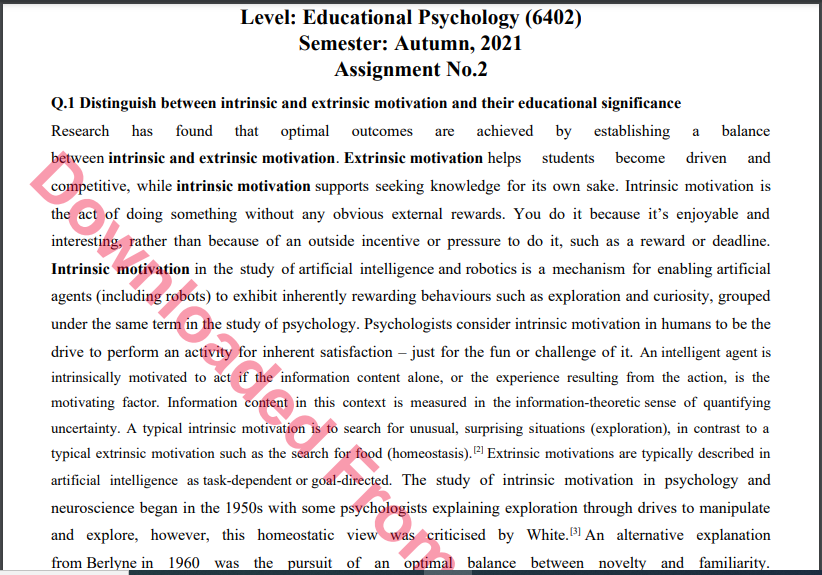 6402/Educational Psychology Solved Assignment No.2 B.ED History Download