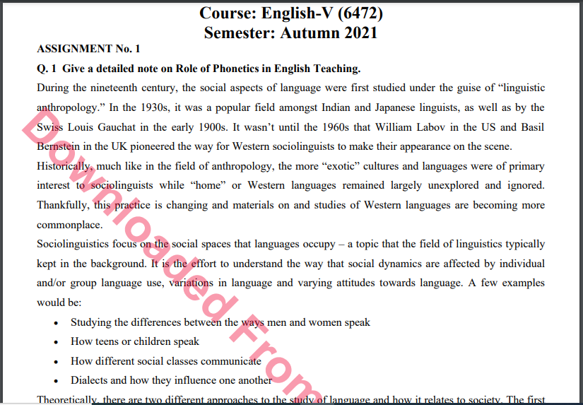 6472/English-V Solved Assignment No.1 Autumn, 2021 B.ED Download