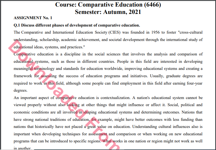 6466/Comparative Education Solved Assignment No.1 Autumn, 2021 B.ED Download