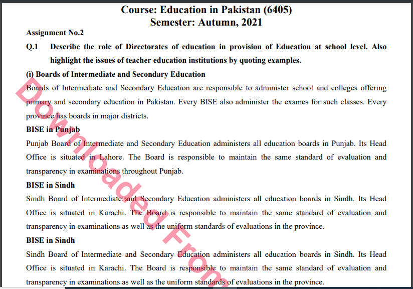 6405/Education in Pakistan Solved Assignment No.2 B.ED History Download