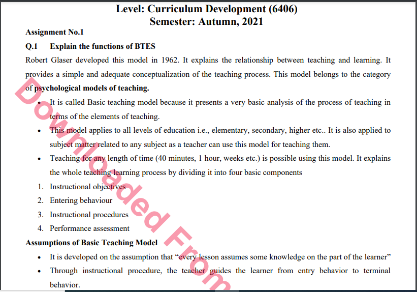 6406/Curriculum Development Solved Assignment No.1 B.ED History Download