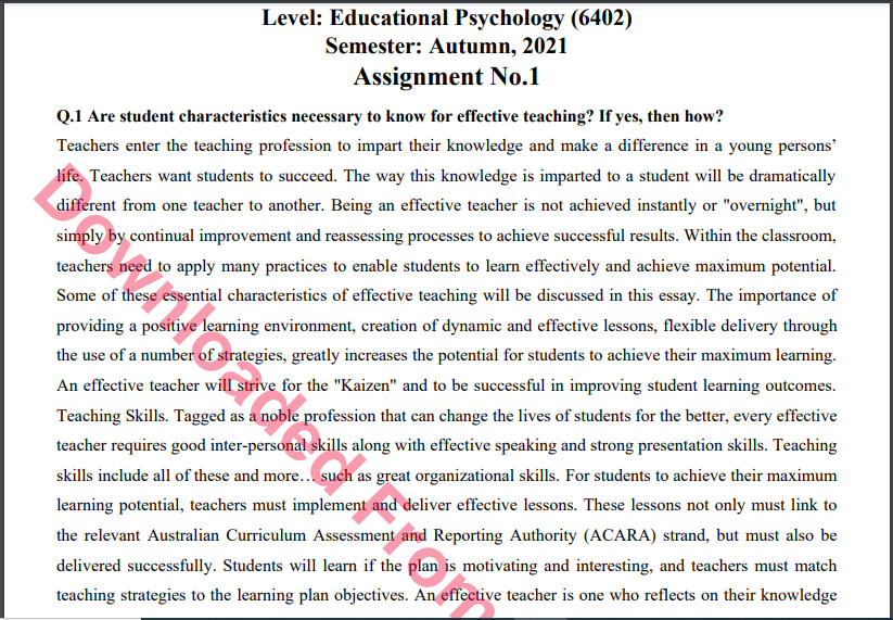 6402/Educational Psychology Solved Assignment No.1 B.ED History Download