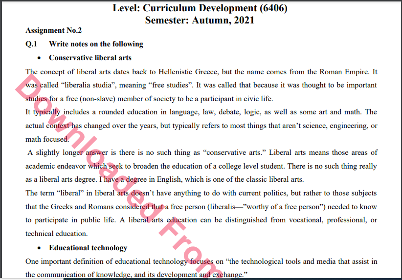 6406/Curriculum Development Solved Assignment No.2 B.ED History Download