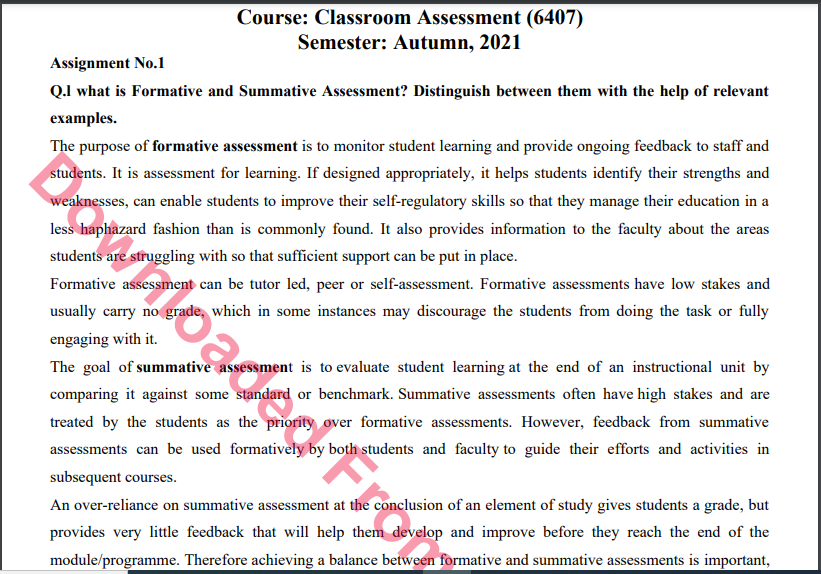 6407/Classroom Assessment Solved Assignment No.1 Autumn, 2021 B.ED History Download