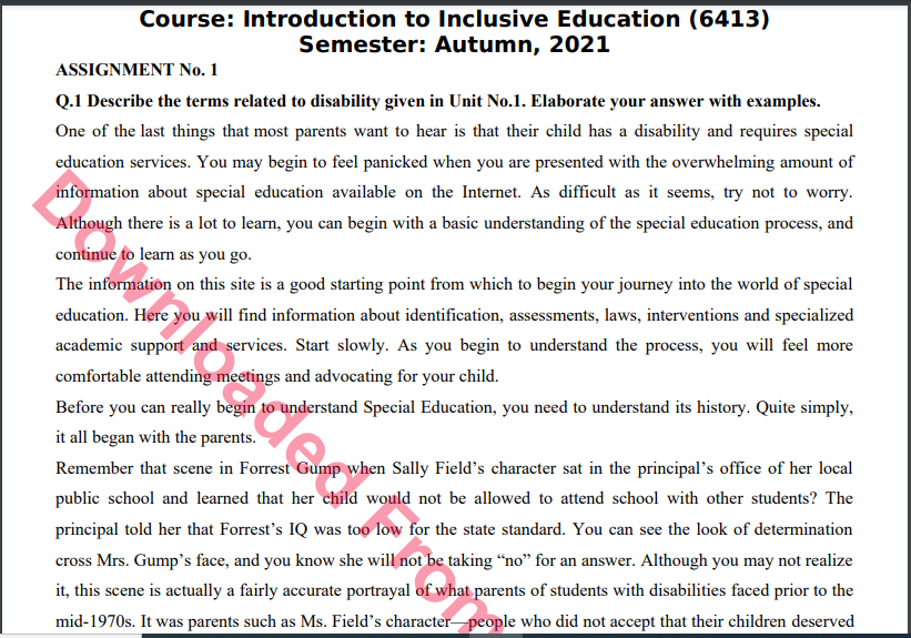 6413/Introduction to Inclusive Education Assignment No.1 Autumn, 2021 B.ED Download