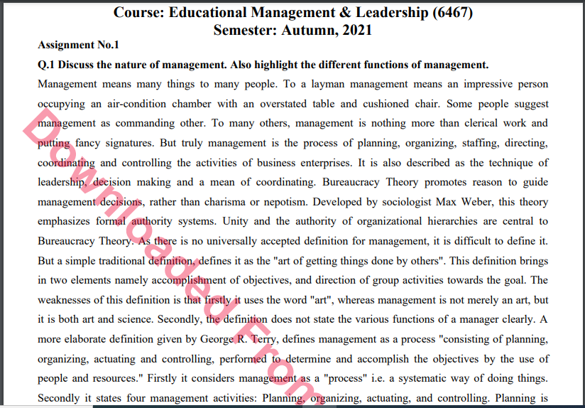 6467/Educational Management & Leadership Solved Assignment No.1 Autumn, 2021 B.ED Download