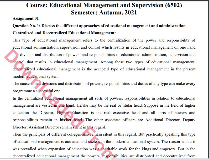 6502/Educational Management and Supervision Solved Assignment No.1 Autumn, 2021-2022 MA/M.ED Download