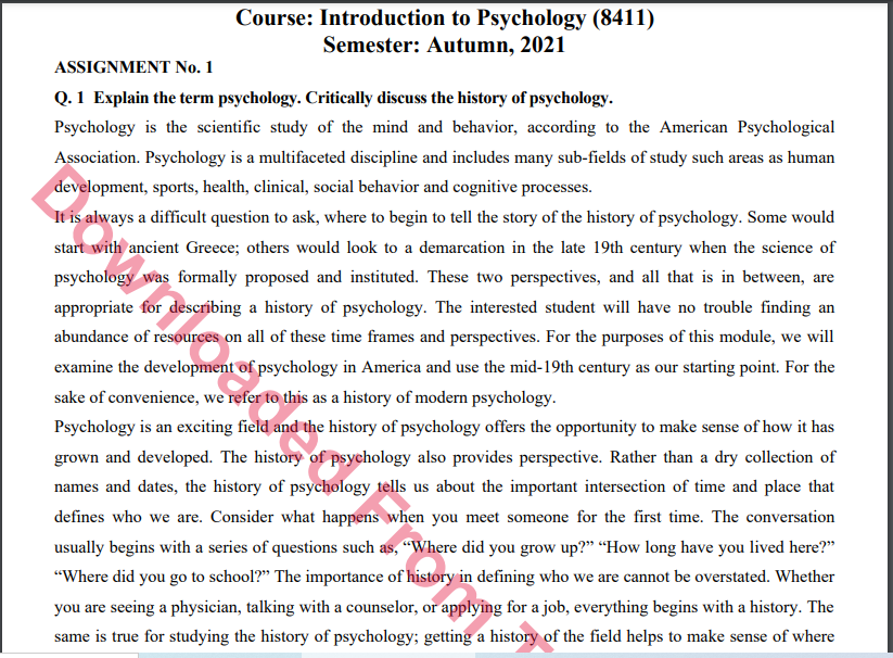 8411/Introduction to Psychology Solved Assignment 1&2 Autumn, 2021-2022 B.Ed And BS Download