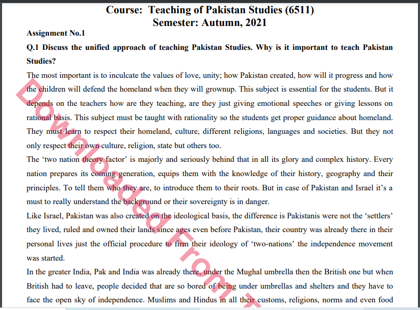 6511/Teaching of Pakistan Studies Solved Assignment No.1 Autumn, 2021-2022 MA/M.ED Download