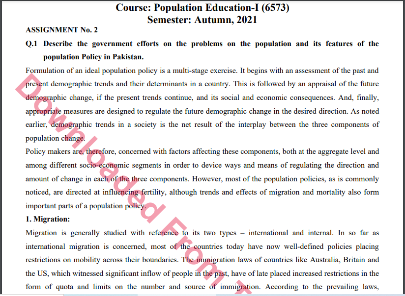 6573/Population Education-I  Solved Assignment 1&2 Autumn, 2021-2022 MA/M.ED Download