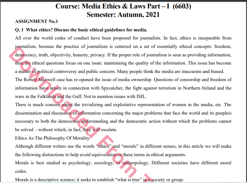 6606/Media Ethics & Laws Part – I Solved Assignment 1&2 Autumn, 2021-2022 M.Sc Download