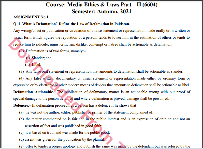 6604/Media Ethics & Laws Part – II Solved Assignment 1&2 Autumn, 2021-2022 M.Sc Download