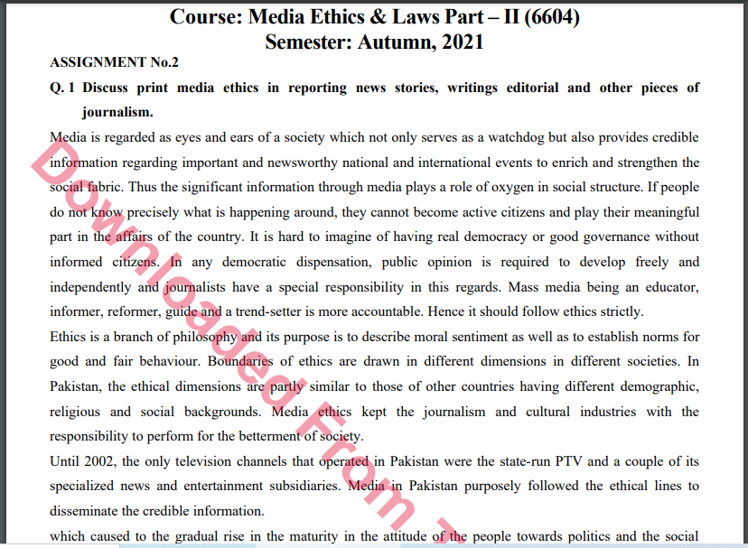 6604/Media Ethics & Laws Part – II Solved Assignment 1&2 Autumn, 2021-2022 M.Sc Download