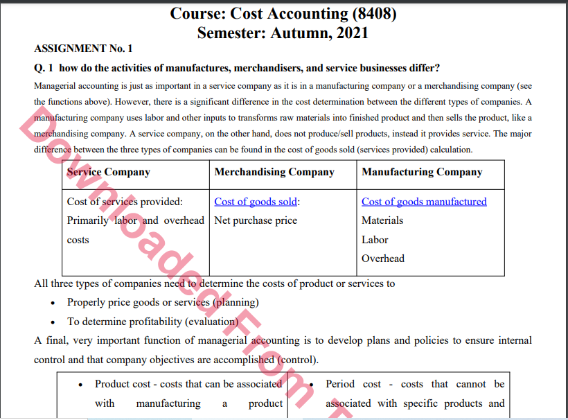 8408/Cost Accounting Solved Assignment 1&2 Autumn, 2021-2022 B.Ed And BS Download