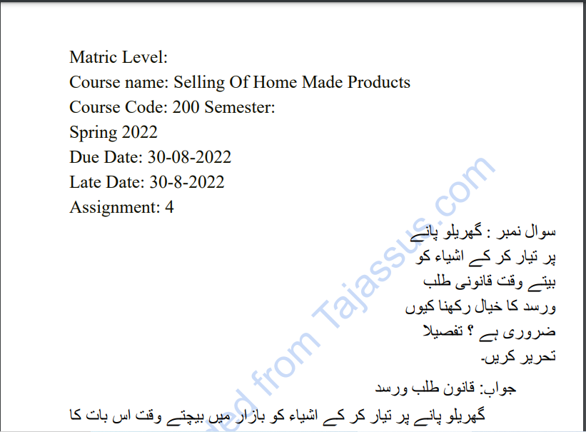 AIOU Selling Of Home-Made Products 200 Spring 2022 Solved Assignment 4