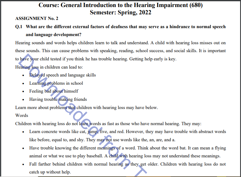 AIOU Spring 2022 General Introduction to the Hearing Impairment (680) Assignment Download