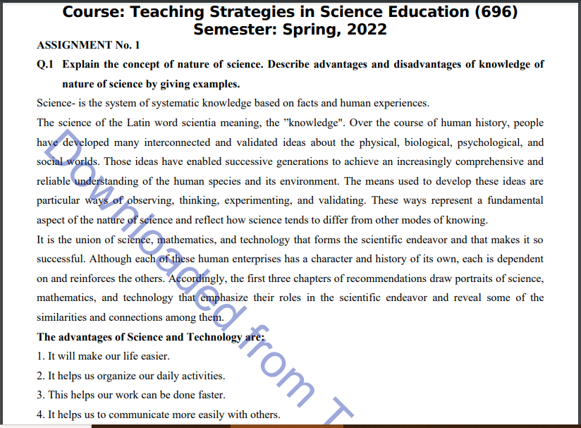 AIOU Spring & Autumn 2022 Teaching Strategies in Science Education (696) Assignment Code 1&2