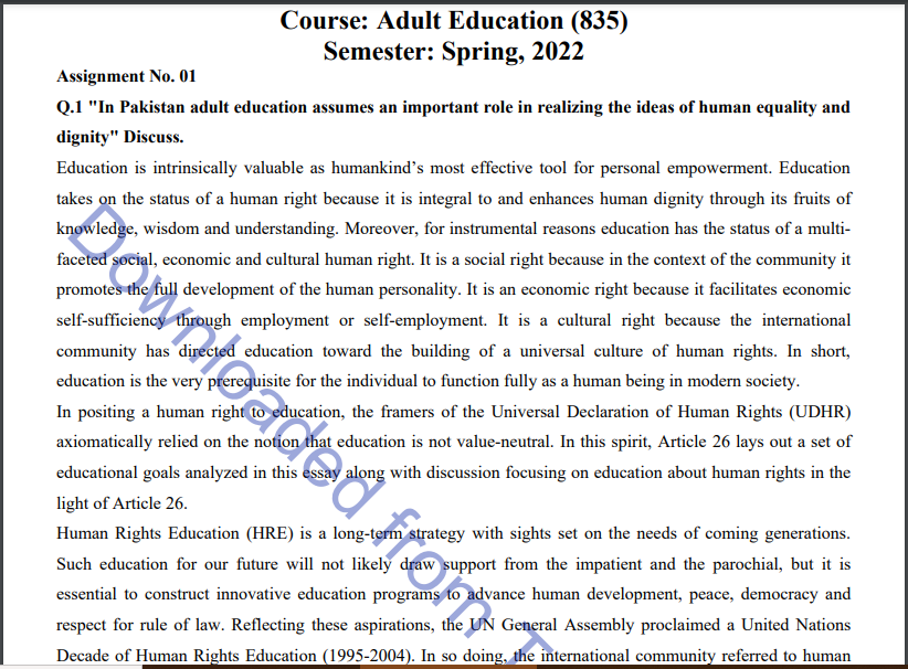 AIOU Spring & Autumn Adult Education (835) MA & M.ED Assignment Code 1&2