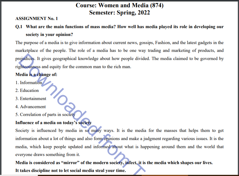 AIOU Spring & Autumn Women and Media (874) MA & M.ED Assignment Codes 1&2