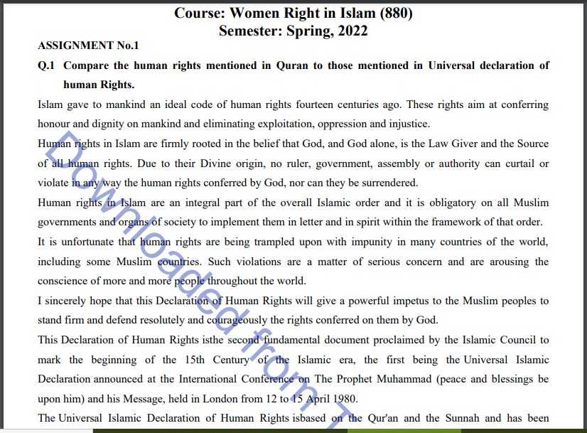 AIOU Spring & Autumn Women Right in Islam (880) MA & M.ED Assignment Codes 1&2