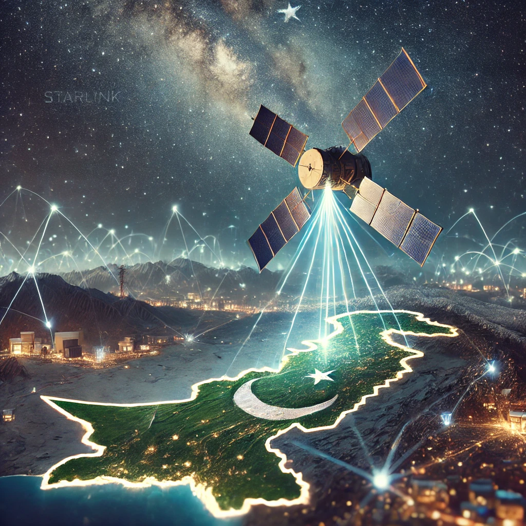 DALL%C2%B7E 2025 01 08 17.51.05 An artistic depiction of a Starlink satellite orbiting above Pakistan at night with a glowing map of the country illuminated below. The scene highlig